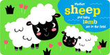 Illustration of sheep and a lamb on a green background with flowers.