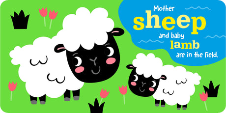 Illustration of sheep and a lamb on a green background with flowers.